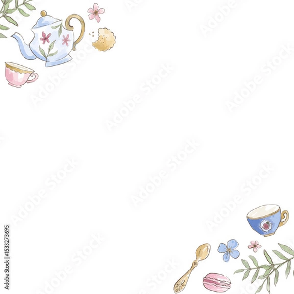Obraz Watercolor tea set is showing teapot, floral teacups, sweets and leaves on transparent background