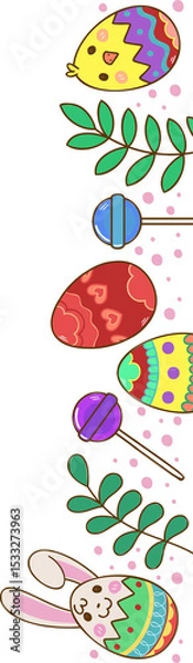 Fototapeta Flat design is featuring pastel Easter eggs, bunny shell, leaves, lollipops, transparent background