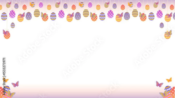 Fototapeta Flat design frame is showing Easter eggs and butterflies on transparent background, copy space