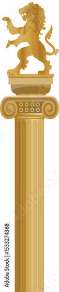 Obraz Golden lion statue is standing rampant on capital with volutes in 3D render, transparent background