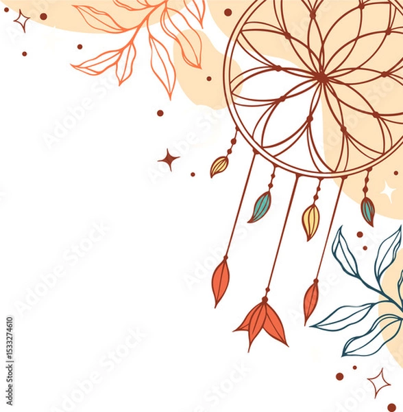 Obraz Abstract dreamcatcher illustration is floating on clear background with hanging leaves, stars, moon