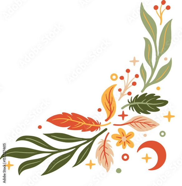 Obraz Abstract vector motif is forming corner with leaves berries moon sparkles on transparent background
