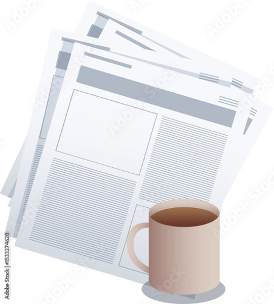 Fototapeta Vector illustration showing newspaper stack and coffee mug casting shadow on transparent backdrop