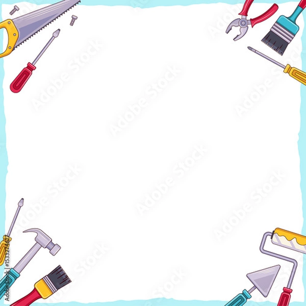 Fototapeta Vector showing dark panel framing tools like handsaw, roller on transparent background, copy space