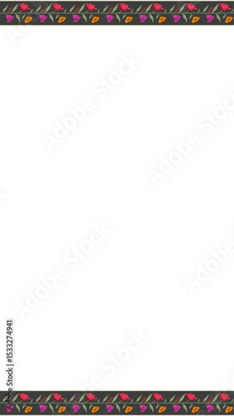 Fototapeta Flat floral border is showing tulip blossoms with dotted lines, transparent background, copy space