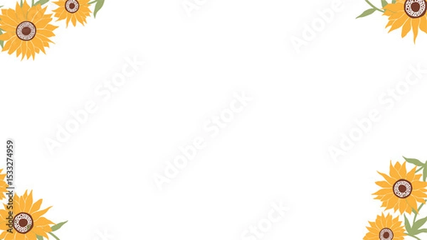 Fototapeta Sunflower border is framing clear canvas in flat style with yellow petals, green leaves, copy space