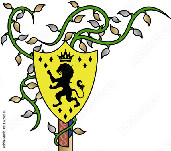 Fototapeta Stylized shield is showing lion under crown on pole with vine and diamonds, transparent background