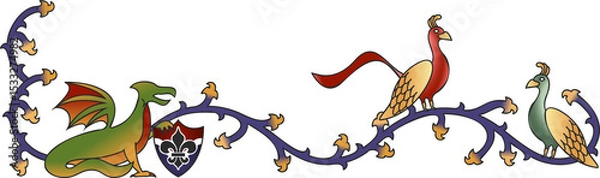 Obraz Flat border featuring green-orange dragon purple vine, fleur-de-lis shield and birds on transparent