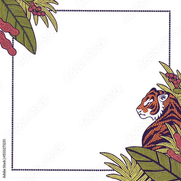 Fototapeta Tiger head and dotted frame are creating leaf berry border, flat transparent background, copy space