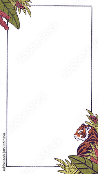Fototapeta Rectangular frame featuring leaves, berries, halftone tiger emerging, transparent, copy space
