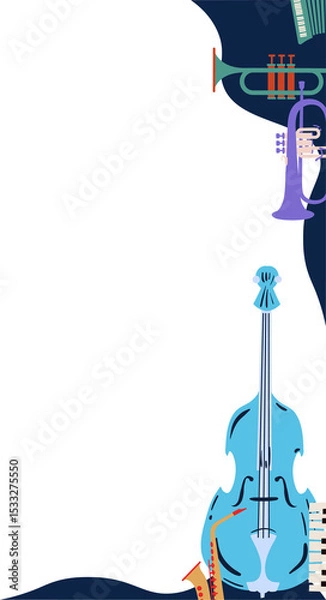 Obraz Flat design is showing blue cello, piano keys, horns and orange sax fragment on transparent canvas