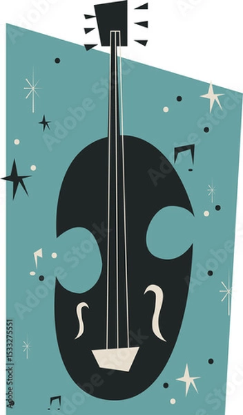 Fototapeta Showing flat cello on teal shape, cream f-holes, bridge, starbursts, dots, notes on transparent bg