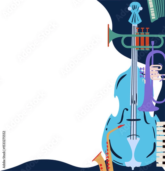 Obraz Showing flat instruments on right with cello, trumpets, saxophone, piano keys, transparent backdrop
