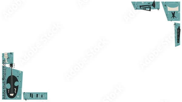 Obraz Flat music drink border is showing violin mic keys megaphone glass records on transparent canvas