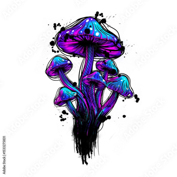 Obraz Neon mushroom cluster is floating on transparent background, showing ink drips and thick outline