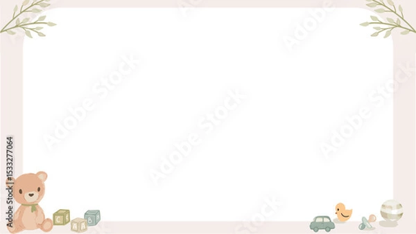Obraz Baby-themed flat frame is showing bear or blocks car or duck pacifier or ball on transparent backgro