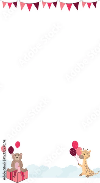 Obraz Flat teddy bear and giraffe are holding balloons with box, pennants, clouds, transparent background