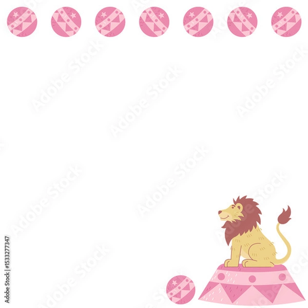 Fototapeta Flat design lion perching on pedestal showing seven pink tokens on transparent canvas, copy space