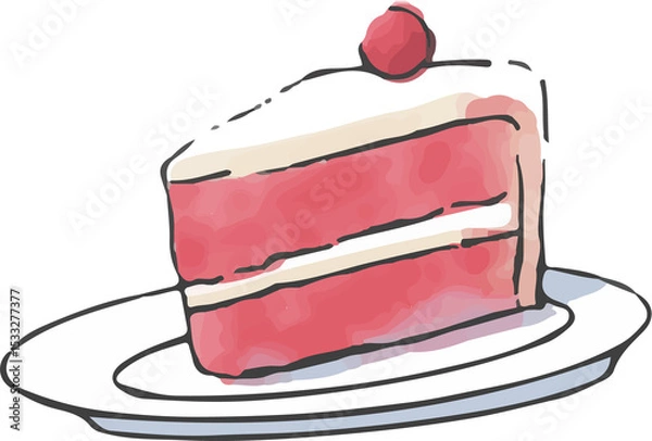 Fototapeta Slice of red velvet cake is sitting in watercolor art with transparent background, plate and cherry