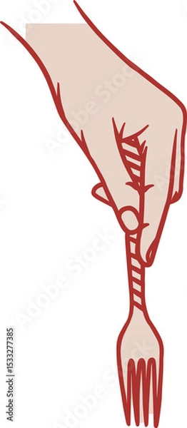 Fototapeta Human hand is grasping striped-handle fork in flat vector illustration, with transparent background