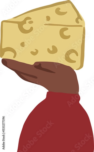 Obraz Wedge of yellow cheese is being held by flat design forearm in red sleeve, transparent background