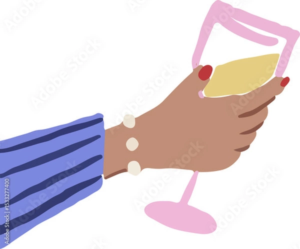 Fototapeta Hand is grasping pink wine glass with red nails, bracelet in flat design, transparent background