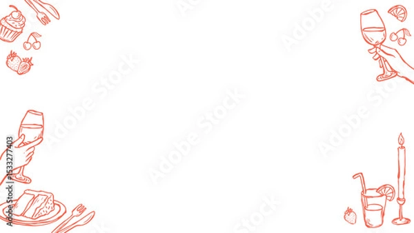 Fototapeta Dining-themed flat frame is showing cupcake, wine glass, cake slice icons on transparent background