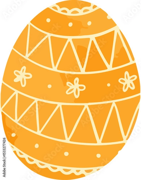 Fototapeta Showing Easter egg with orange watercolor, cream triangles, dots, flowers on transparent background