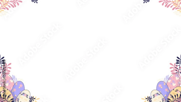 Fototapeta Symmetrical pastel Easter eggs and florals are forming flat design border, transparent background