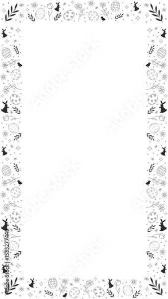Fototapeta Easter border is showing flat eggs, rabbits and flowers on transparent background, copy space
