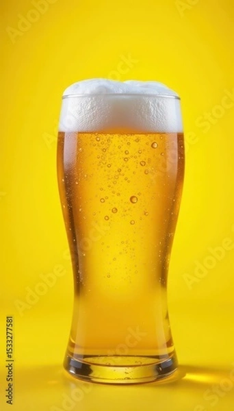 Fototapeta Frosty glass of golden beer on vibrant yellow backdrop, drink, bright