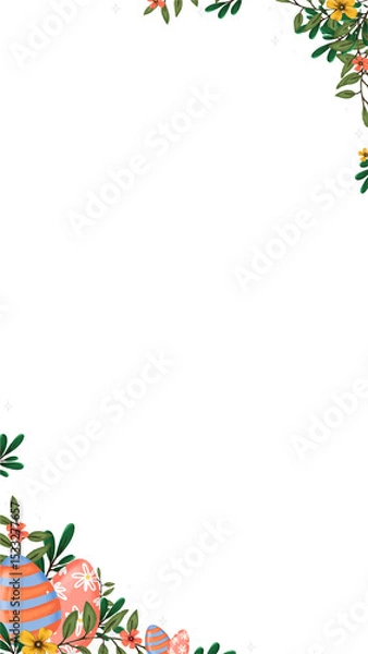 Fototapeta Showing vector Easter border with foliage, eggs, yellow flowers, transparent background, copy space