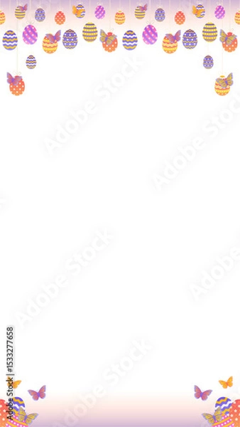 Fototapeta Easter border is showing hanging eggs and butterflies in flat vector clear background, copy space