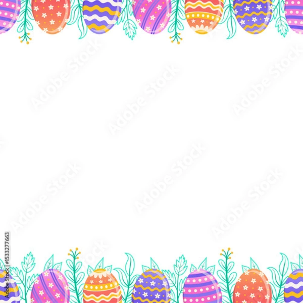 Fototapeta Easter eggs and leaves are forming decorative frame in flat design transparent backdrop, copy space
