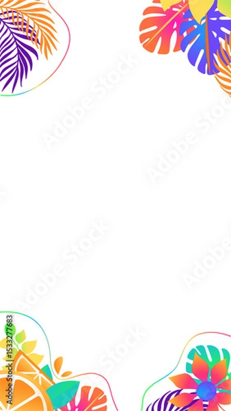 Fototapeta Graphic tropical border featuring palm and monstera citrus vines on clear background copy space