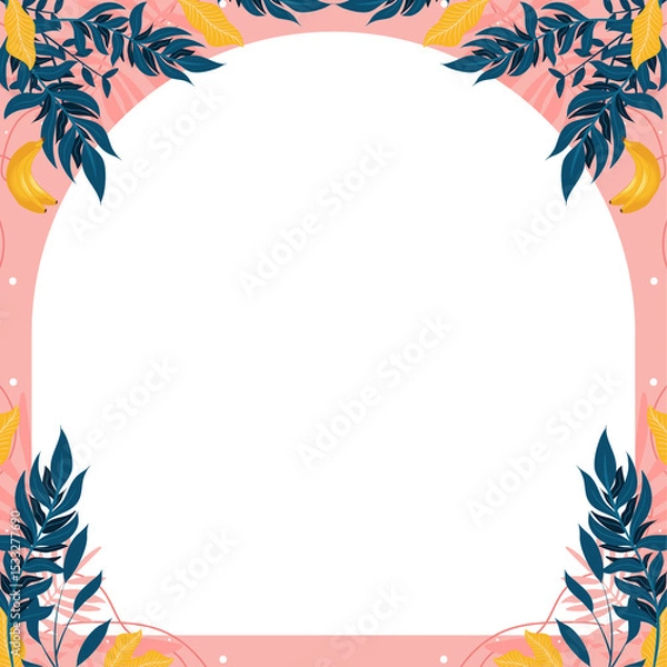 Obraz Flat botanical arch frame is showing teal-blue leaves, yellow banana motifs, transparent background