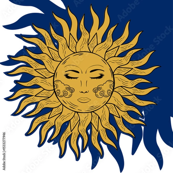 Fototapeta Flat illustration showing golden sun with calm face, swirling rays, shadow, transparent background