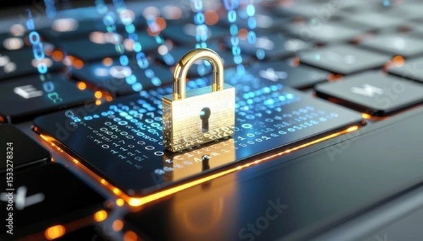 Fototapeta Secure Digital Access: Golden Padlock Icon on Keyboard