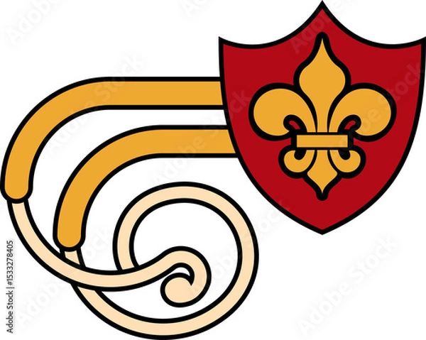 Fototapeta Showing crest on transparent background with red shield, gold fleur-de-lis and curling ribbons
