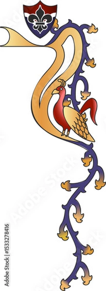 Fototapeta Medieval illustration showing gold vine, red bird under fleur-de-lis shield, transparent background
