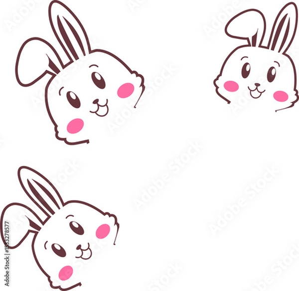 Obraz Three cute rabbit heads are floating on transparent backdrop in vector with pink cheeks, copy space