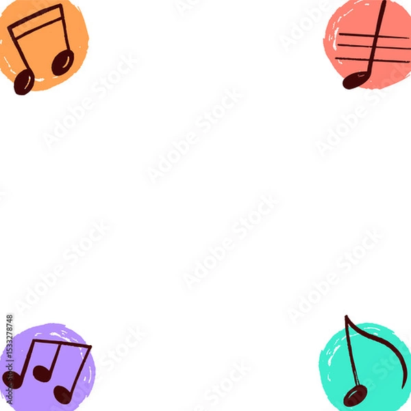 Fototapeta Four pastel brush stroke circles are floating on transparent canvas holding dark brown music notes