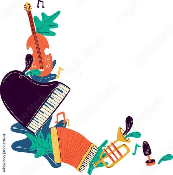 Fototapeta Showing flat-color collage of cello or piano or accordion or trumpet with leaves notes mic on transp