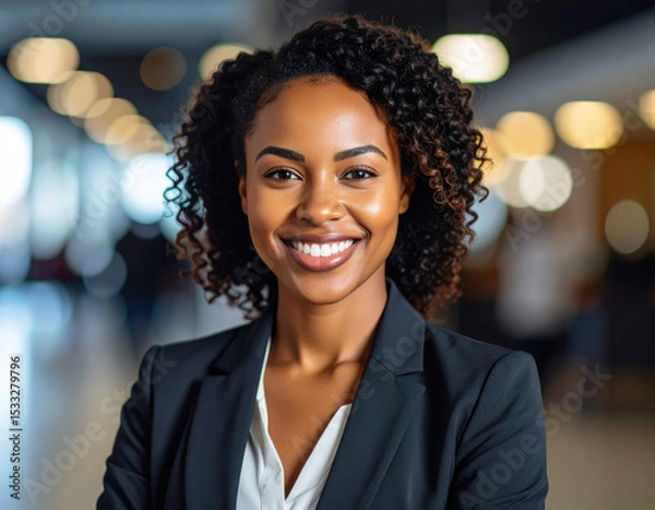 Fototapeta Confident businesswoman with curly hair, her smile radiating warmth and success, stands in modern office environment. background features blurred lights, enhancing professional atmosphere