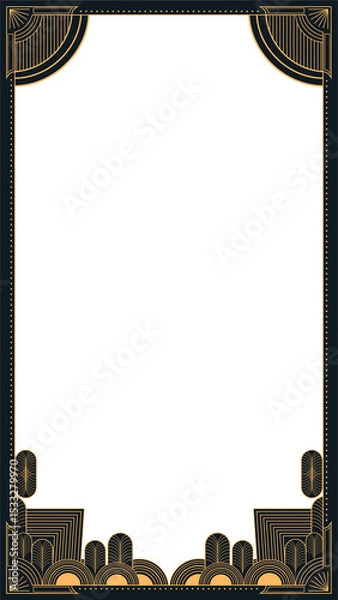 Fototapeta Art deco golden geometric frame showing fan motifs and skyline pattern, transparent background