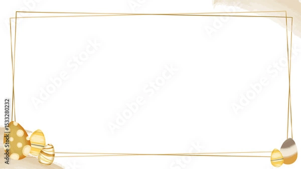 Fototapeta Flat design is showcasing golden frame, beige stains, Easter eggs on transparent canvas, copy space