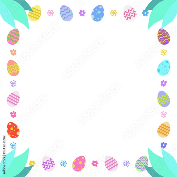 Fototapeta flat Easter border is showing pastel eggs, flowers and leaves on transparent background, copy space