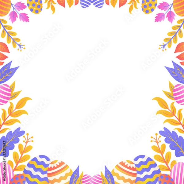 Fototapeta Easter frame is showing decorated eggs, leaves in flat style on transparent background, copy space