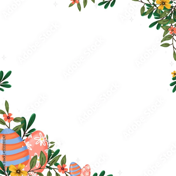 Fototapeta Flat Easter frame is showing floral foliage, eggs, sparkles on transparent background, copy space