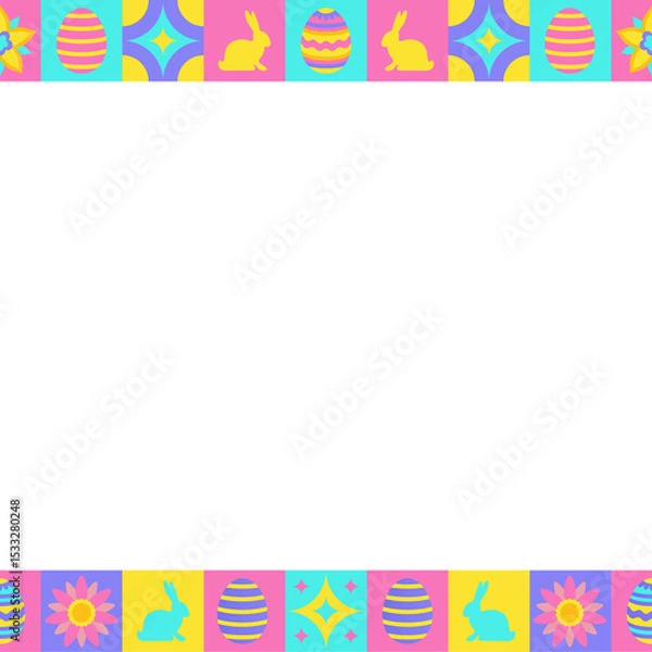 Fototapeta Flat design Easter frame is showing eggs, bunnies, flowers on transparent backdrop, copy space